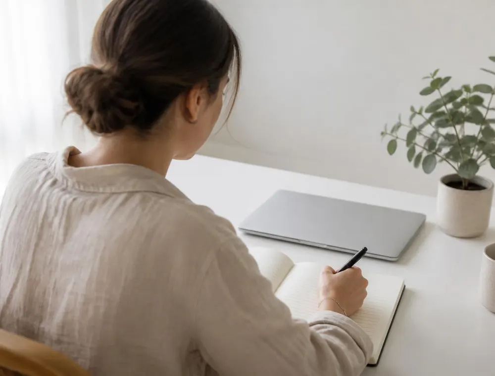 A person taking notes while researching career information at a bright desk